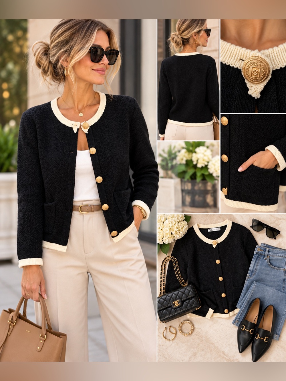 ZARA Golden Button Knit Cardigan Black Cream Contrast Trim XL 3991/001
